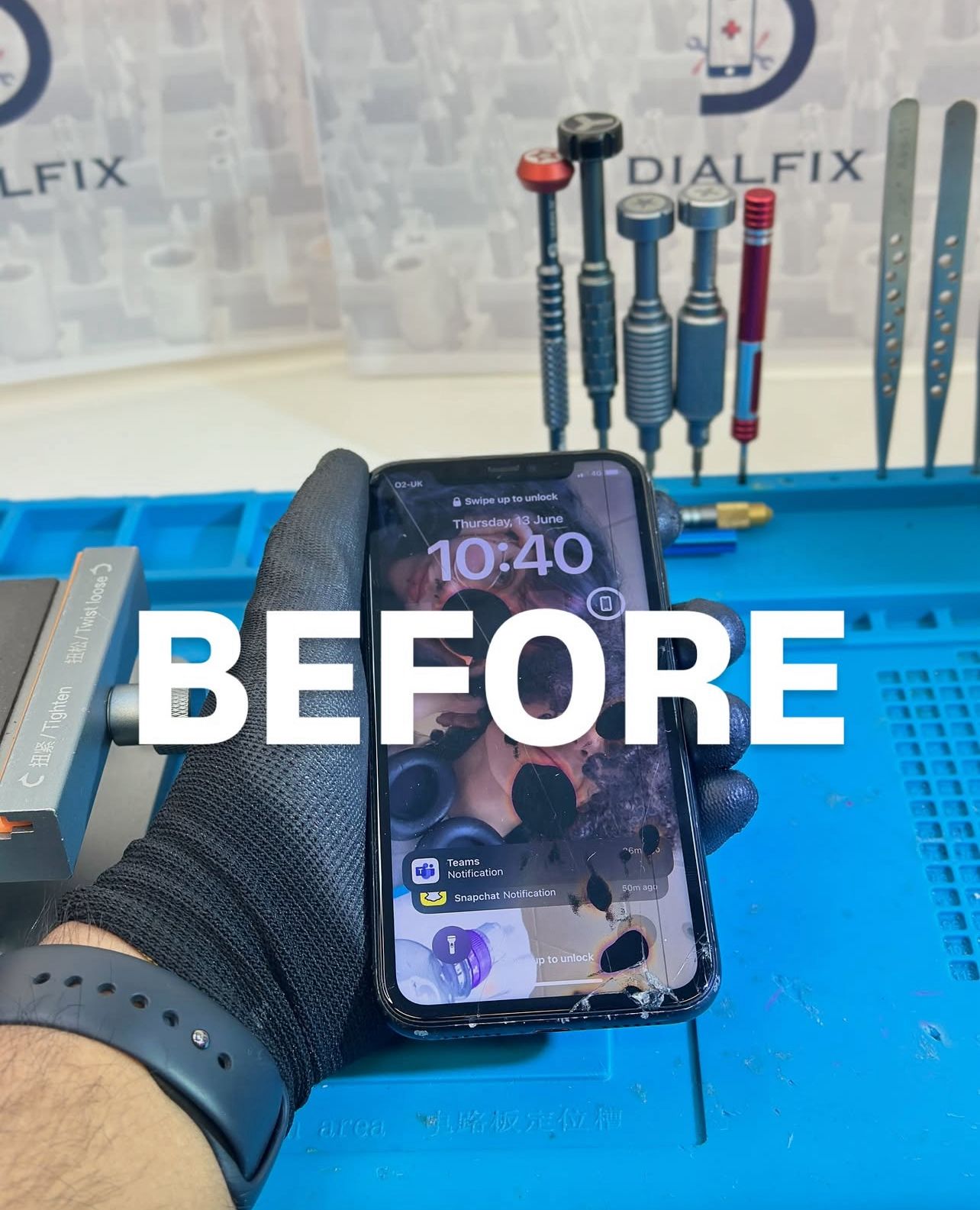 Before repair — damaged phone