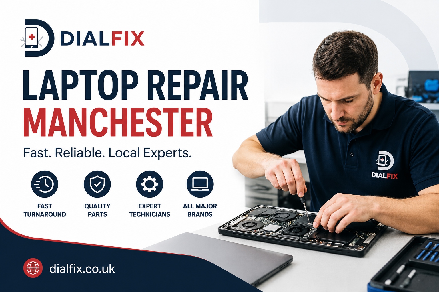 Laptop repair technician fixing a laptop screen at DialFix Eccles Manchester