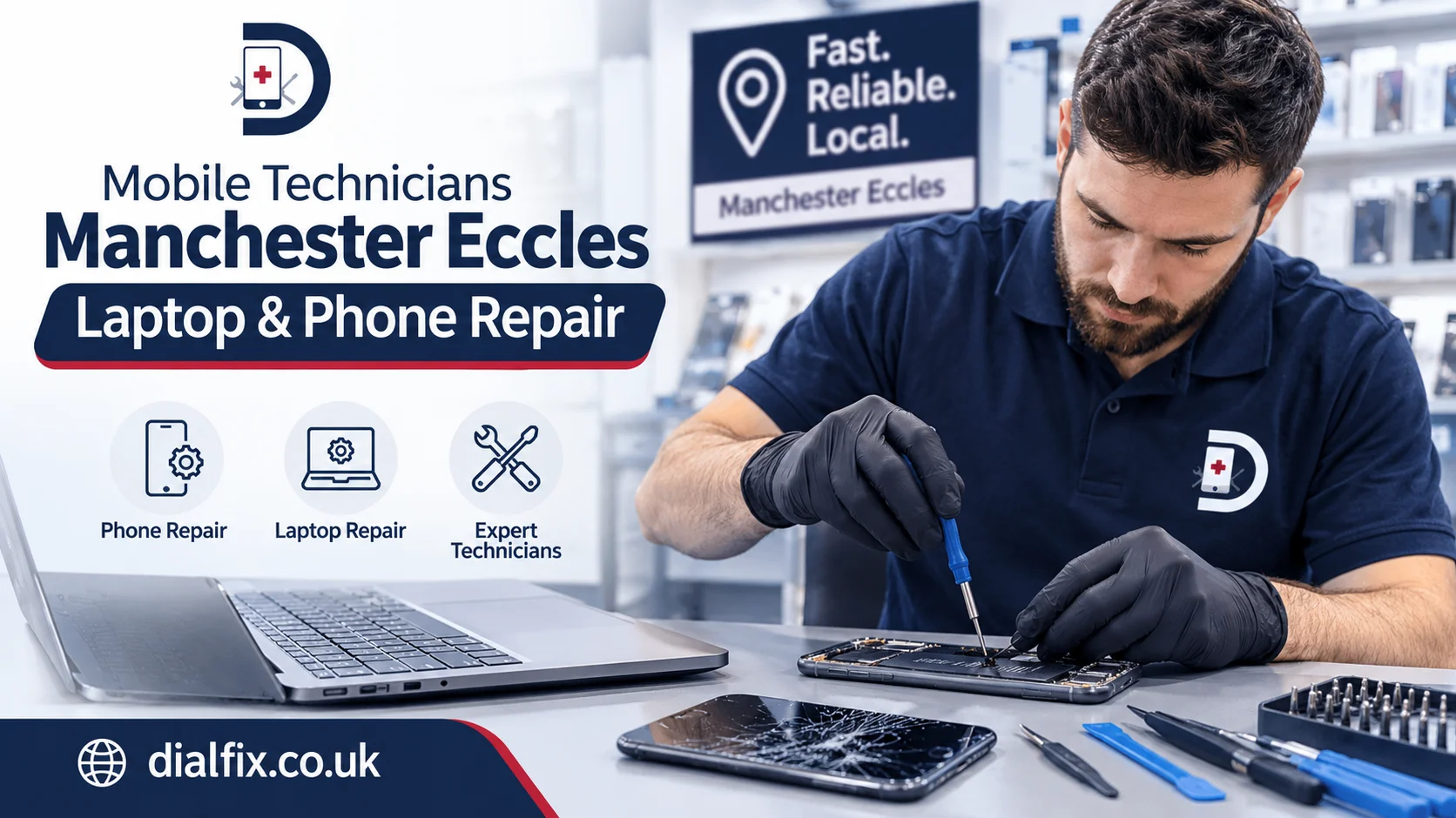 A Dialfix mobile technician repairing a smartphone screen in Eccles Manchester repair shop