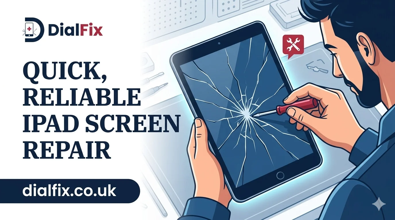 A Dialfix shop iPad screen repair technician fixing a cracked iPad screen in Eccles, Manchester